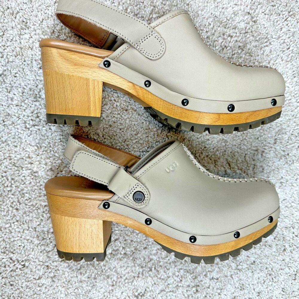 UGG Beige Leather Mules with Wooden Heel - Picture 4 of 5